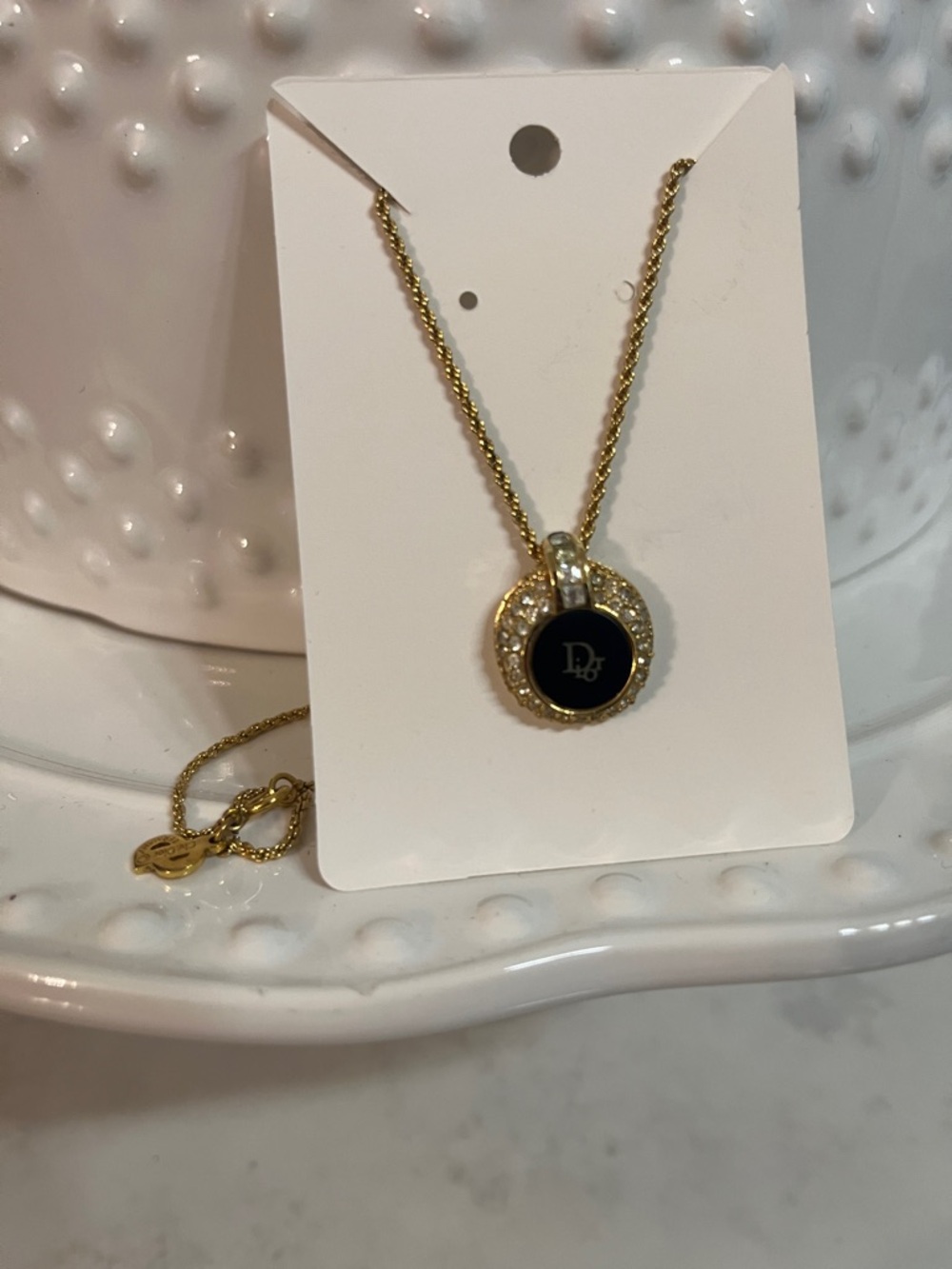 Dior Gold-Tone Pendant Necklace with Black Enamel Center - 16 inch chain